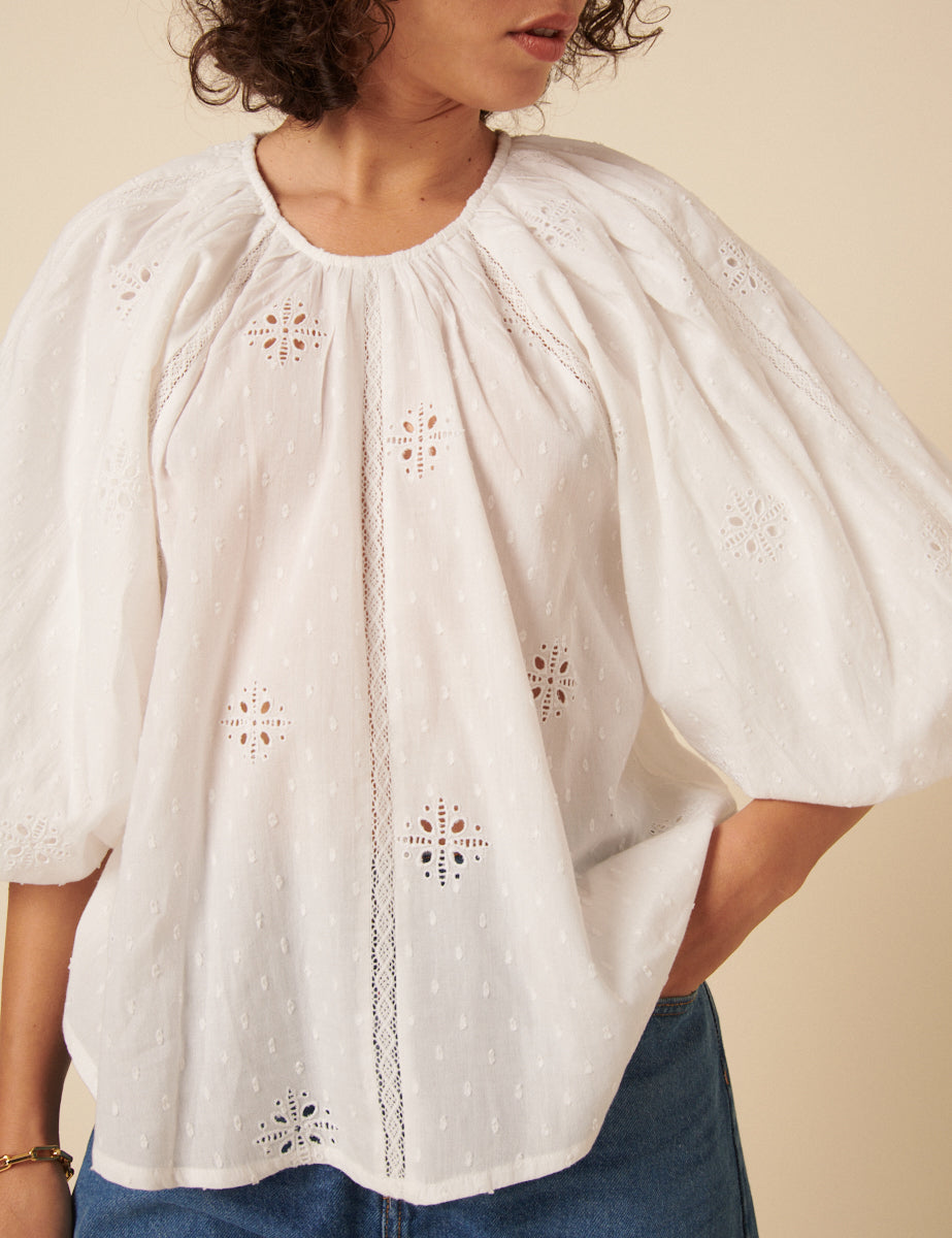 White Broderie Anglaise Puff Sleeve Top