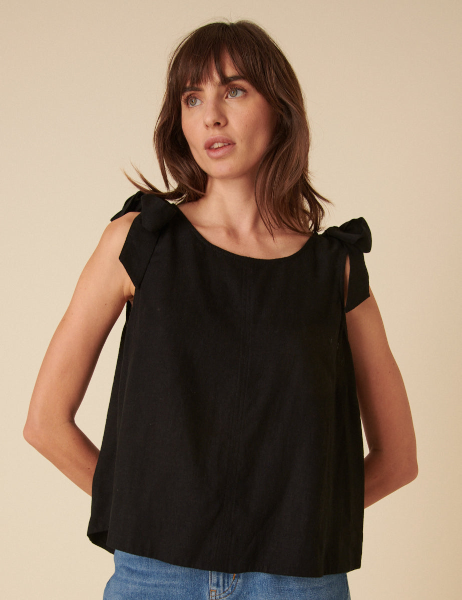 Black Linen-blend Tie Shoulder Swing Top