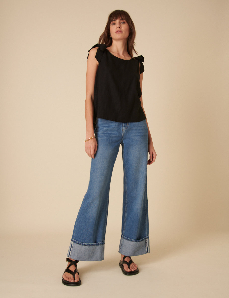 Black Linen-blend Tie Shoulder Swing Top