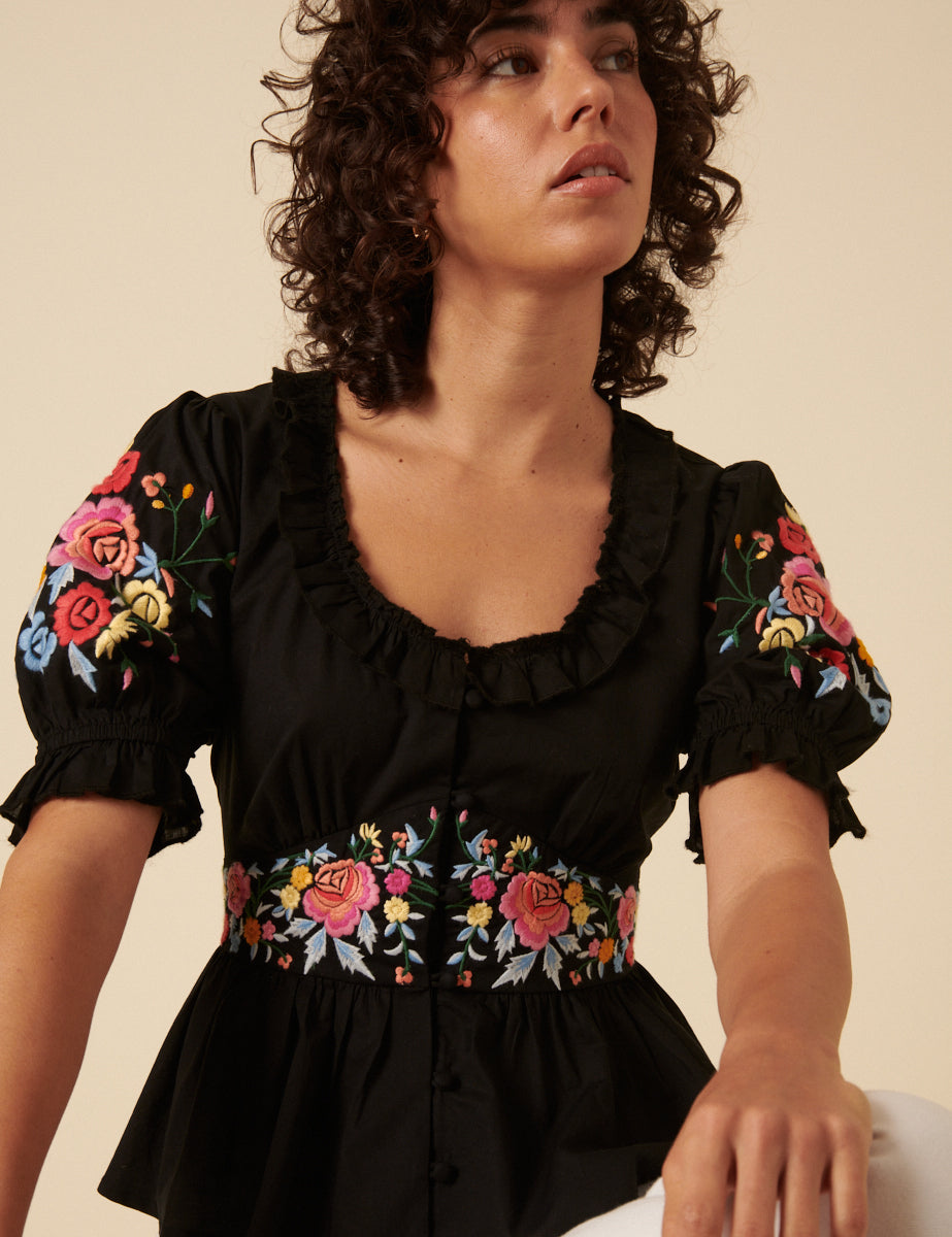 Black Floral Embroidered Flossie Top