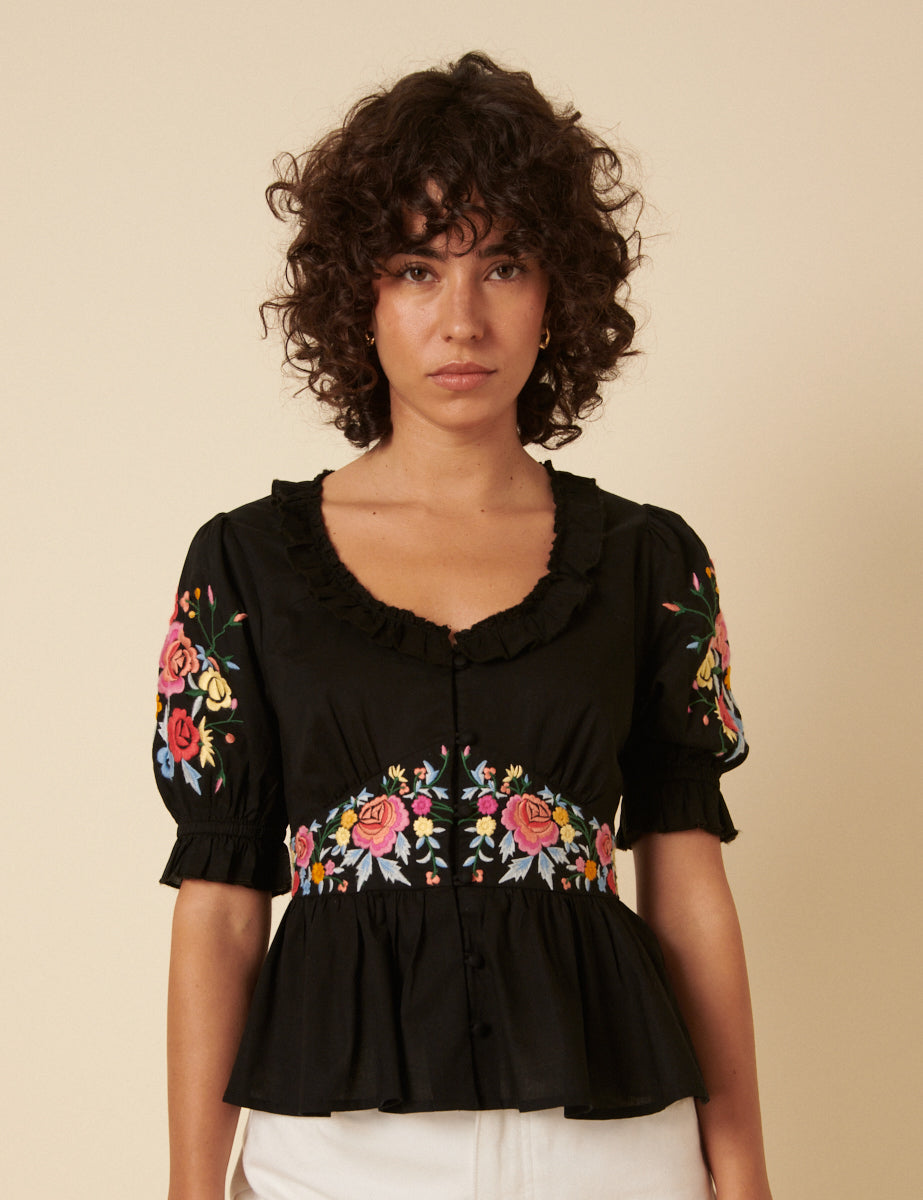 Black Floral Embroidered Flossie Top