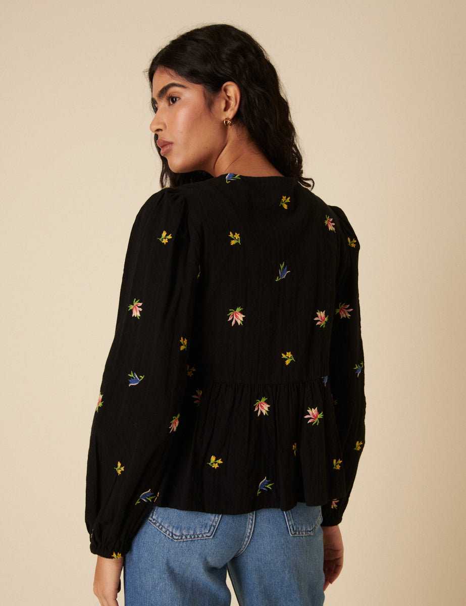 Black Floral Embroidered Tie Front Blouse