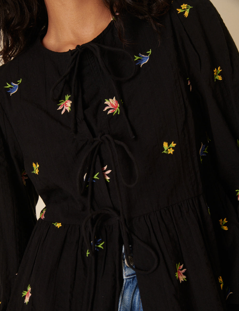 Black Floral Embroidered Tie Front Blouse