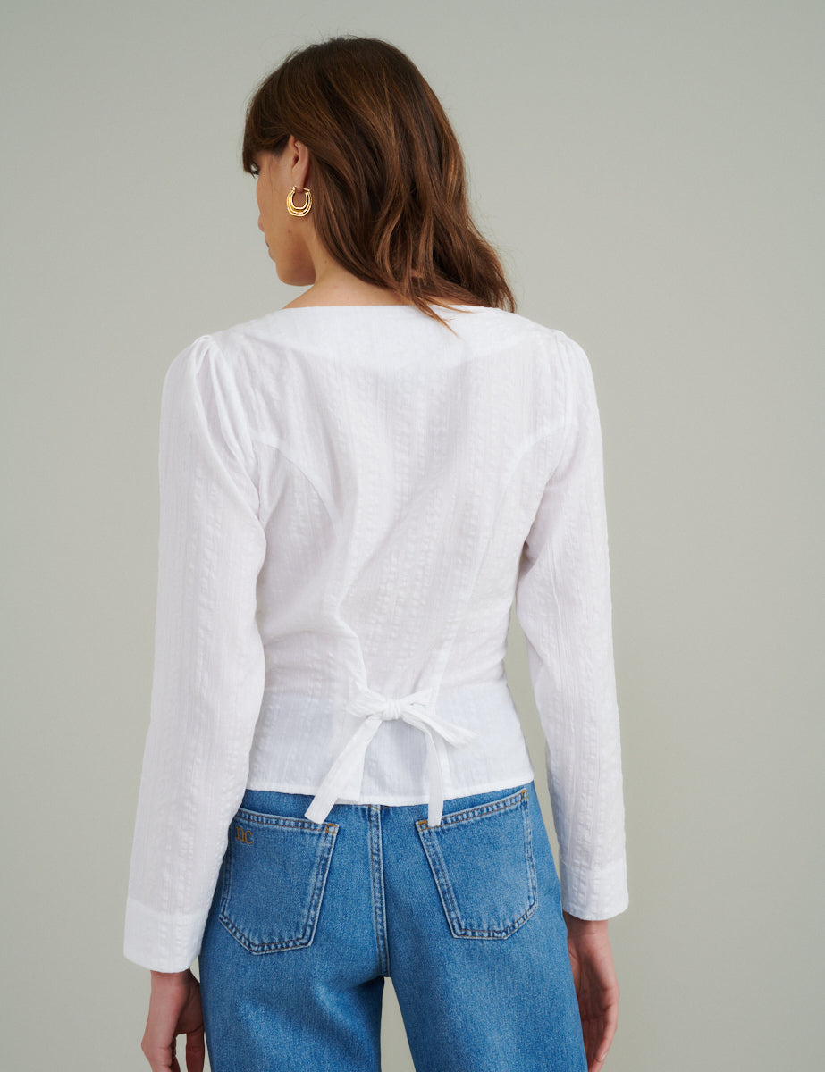 White Seersucker Button Down Blouse