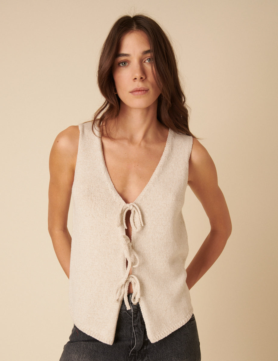 Cream Linen-blend Tie Front Knitted Waistcoat