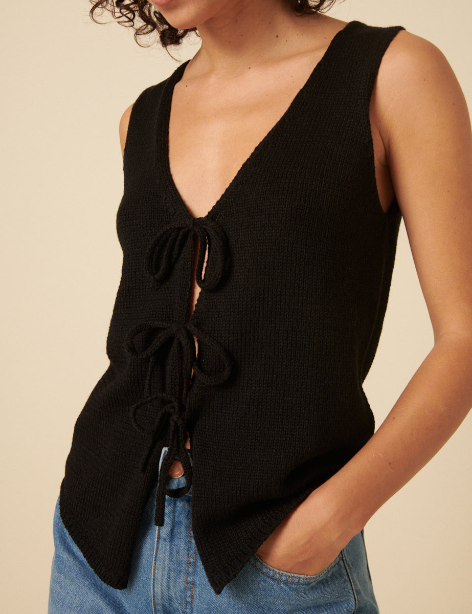 Black Linen-blend Tie Front Knitted Waistcoat