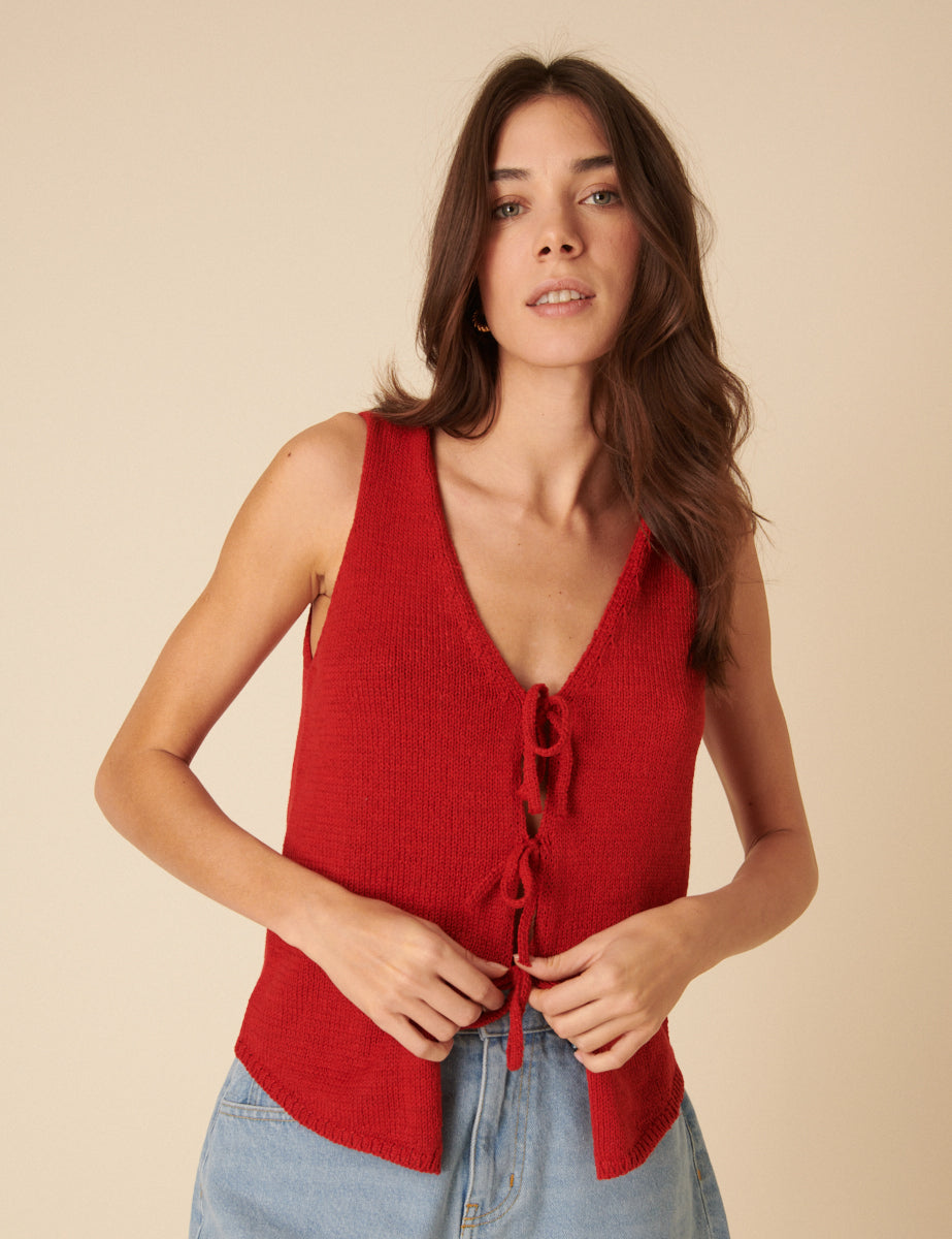 Red Linen-blend Tie Front Knitted Waistcoat