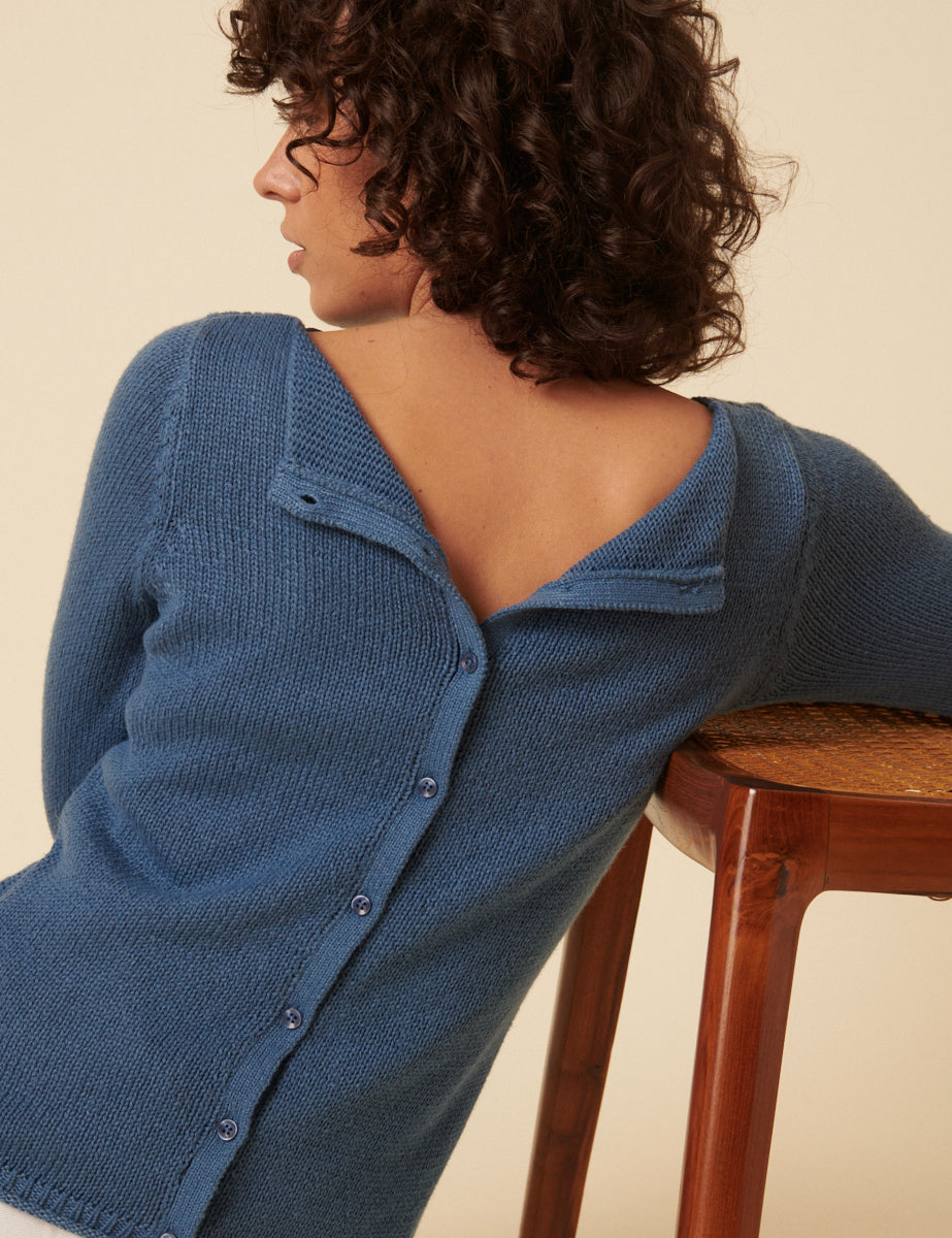 Blue Slash Neck Knitted Cardigan