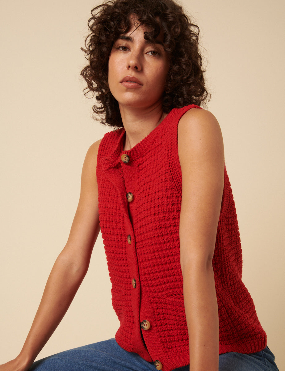 Red Textured Knitted Waistcoat