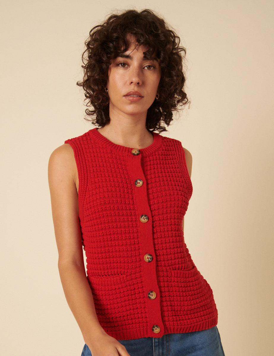 Red Textured Knitted Waistcoat