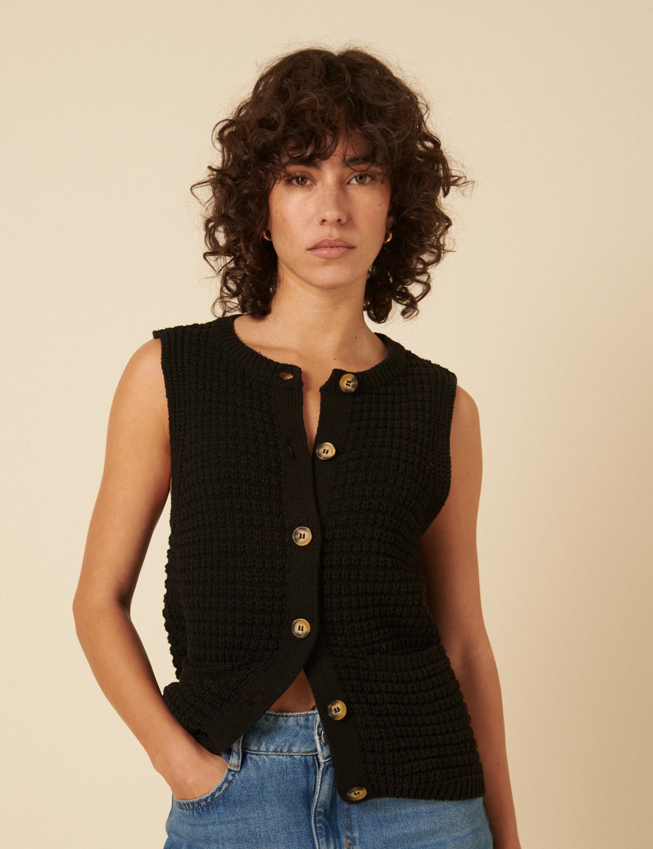 Black Textured Knitted Waistcoat