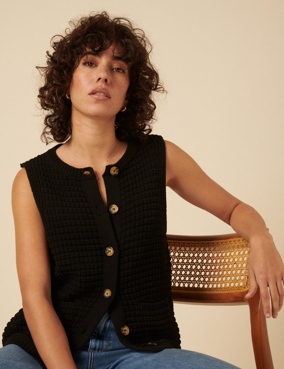 Black Textured Knitted Waistcoat