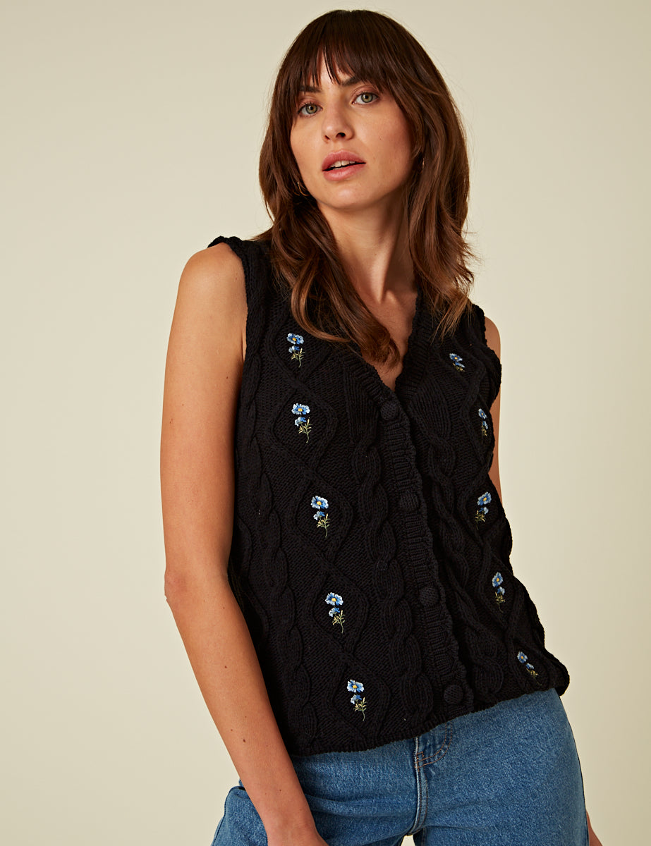 Black Floral Embroidered Knitted Waistcoat