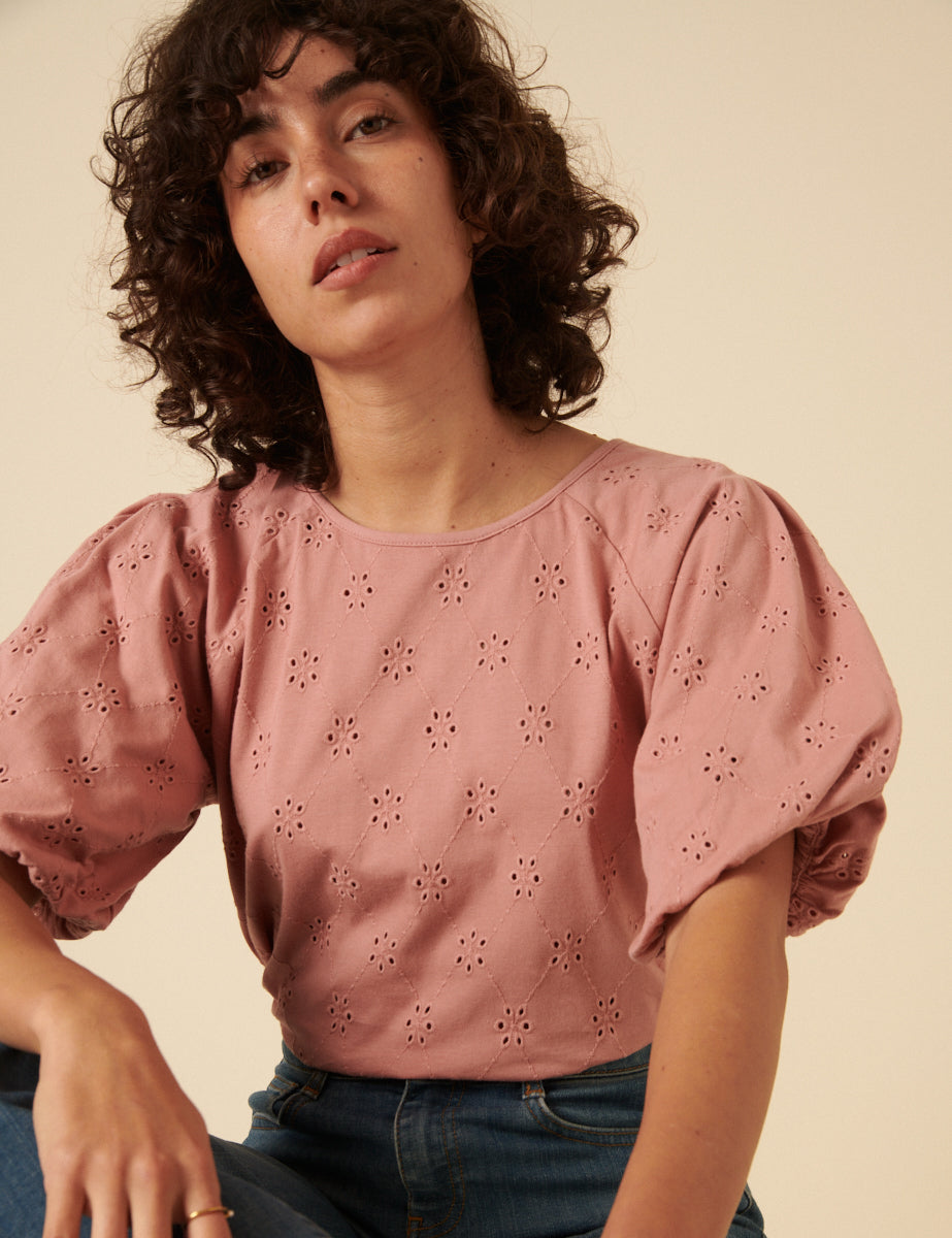 Pink Puff Sleeve Broderie Top