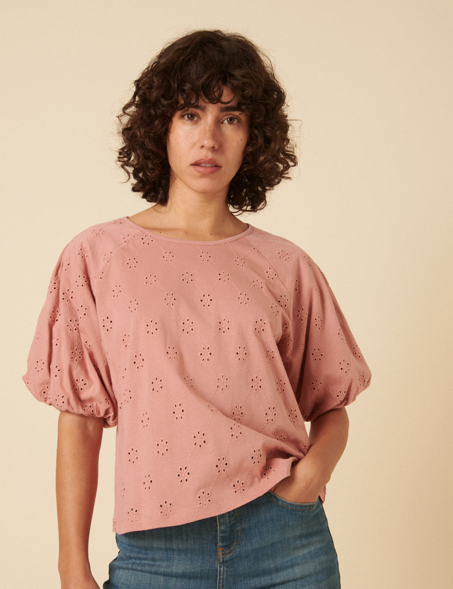 Pink Puff Sleeve Broderie Top