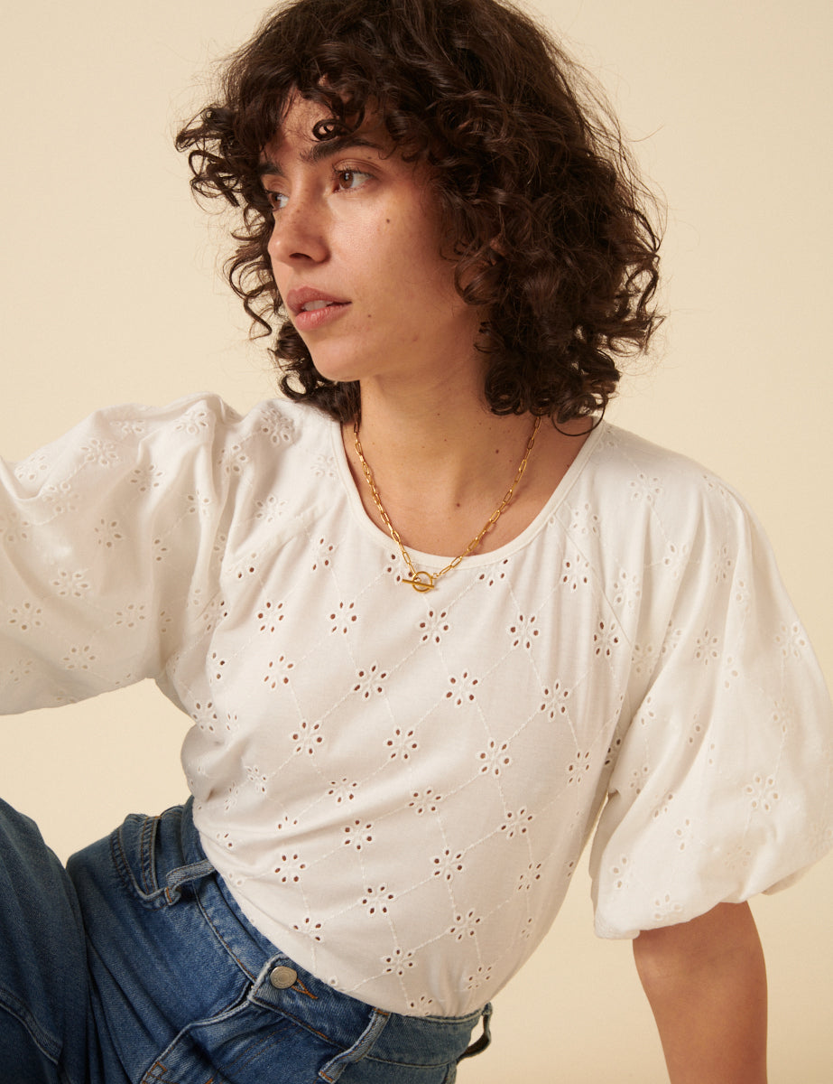 White Broderie Puff Sleeve Top