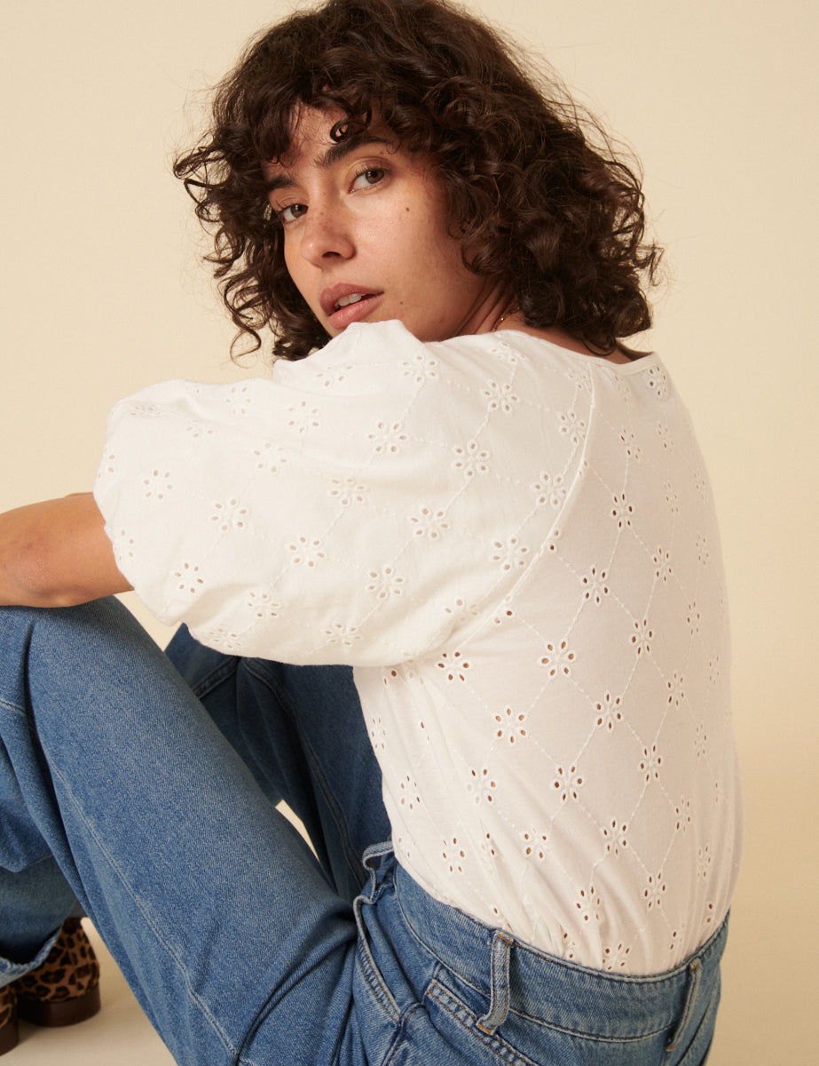 White Broderie Puff Sleeve Top