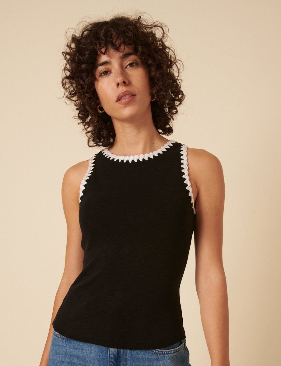 Black Crochet Trim Racer Vest Top