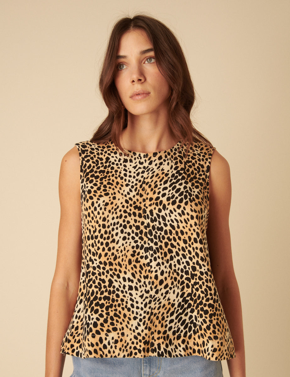 Leopard Linen-blend Swing Top