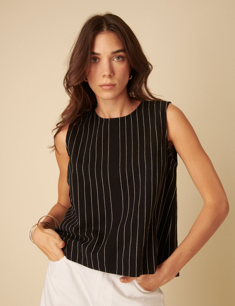 Black Linen-blend Pinstripe Swing Top