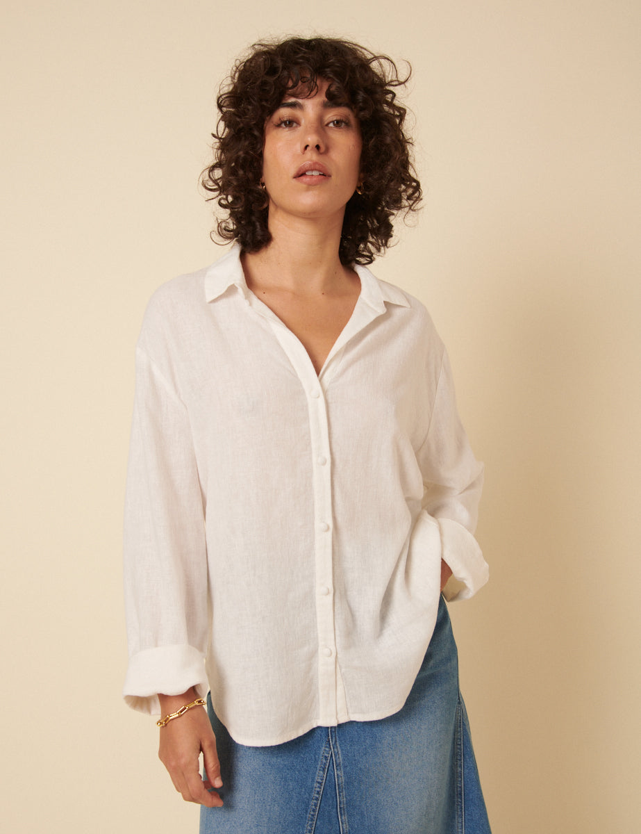 White Linen-blend Relaxed Shirt