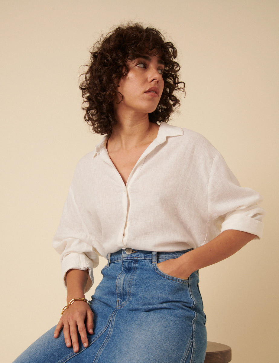 White Linen-blend Relaxed Shirt