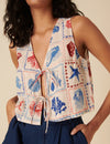Cream Linen-blend Shell Print Tie Front Top