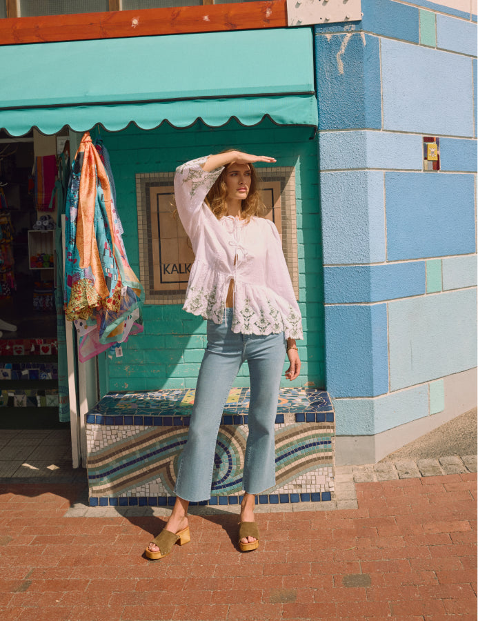 White Tie Front Embroidered Blouse