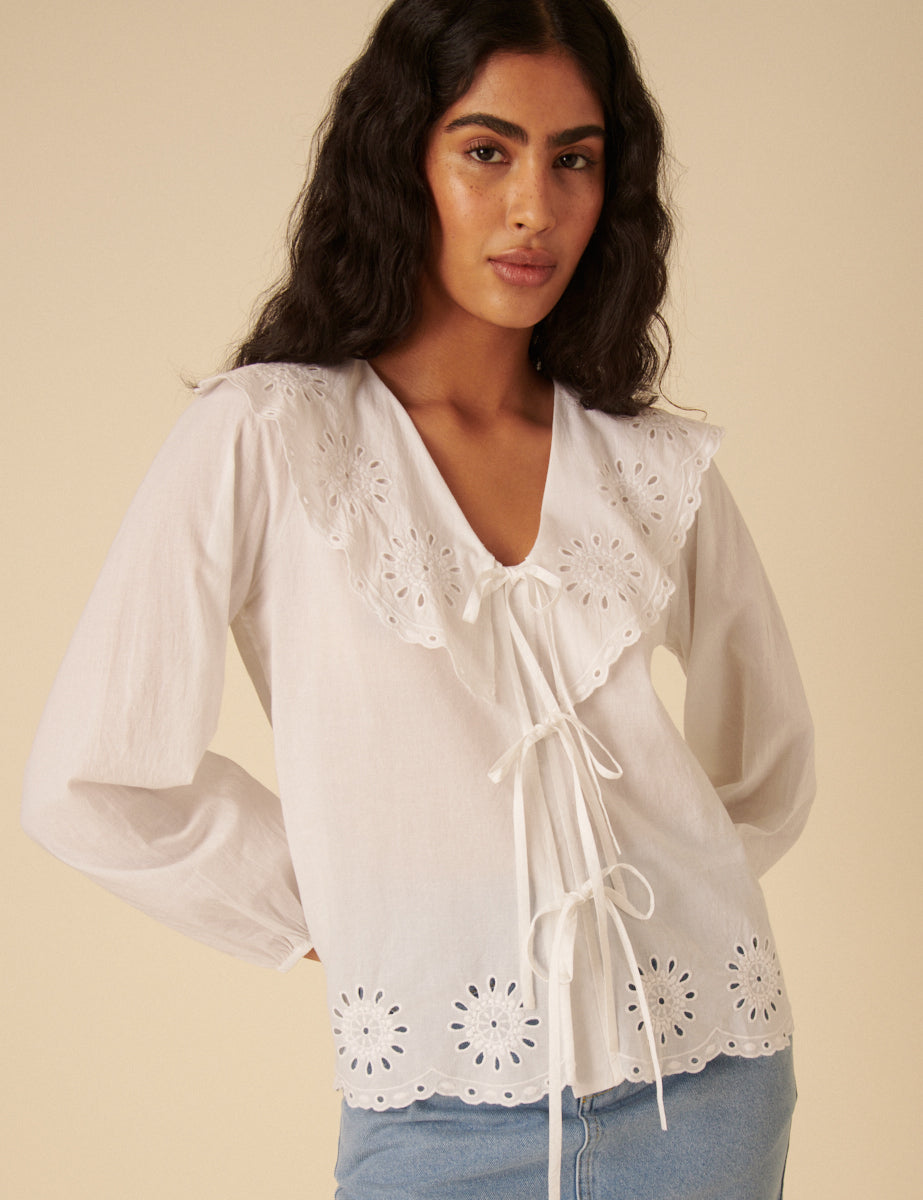 White Tie Front Broderie Anglaise Blouse