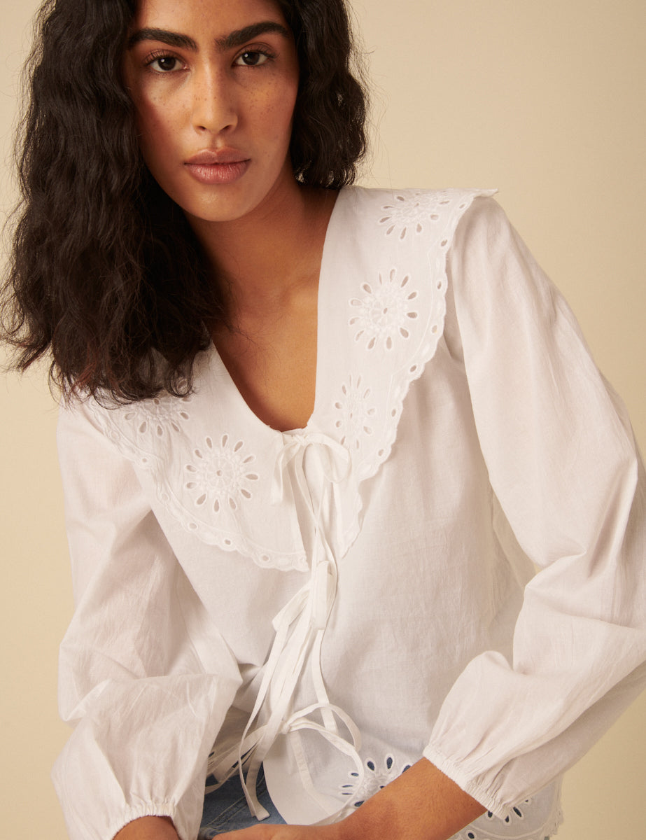 White Tie Front Broderie Anglaise Blouse