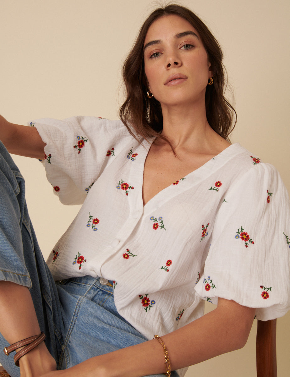 Cream Floral Embroidered Top