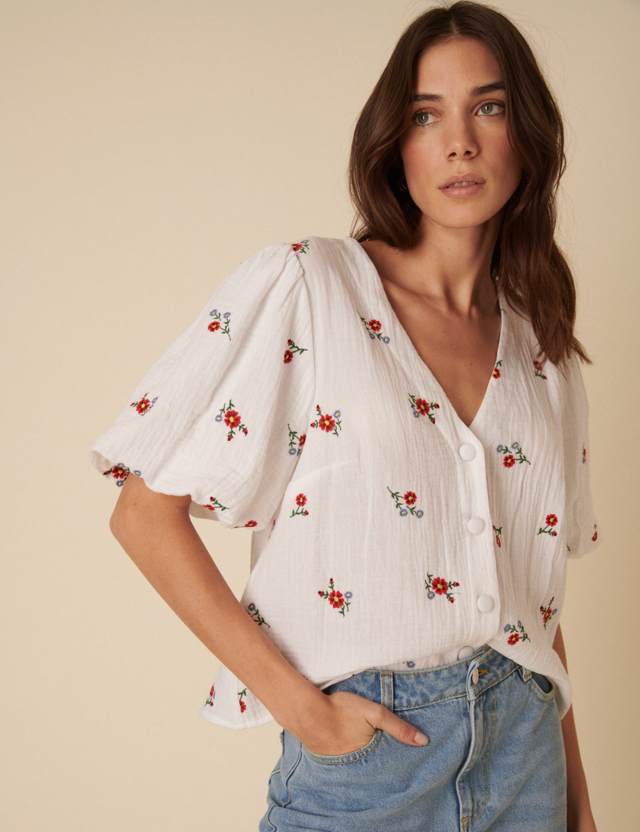 Cream Floral Embroidered Top