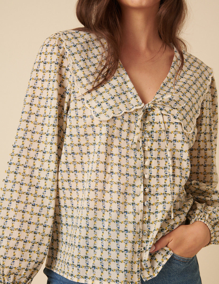 Cream Floral Check Birdie Blouse