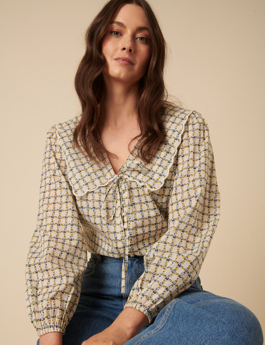 Cream Floral Check Birdie Blouse