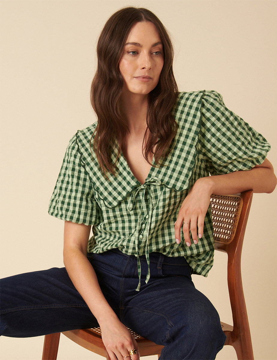 Green Gingham Short Sleeve Birdie Blouse