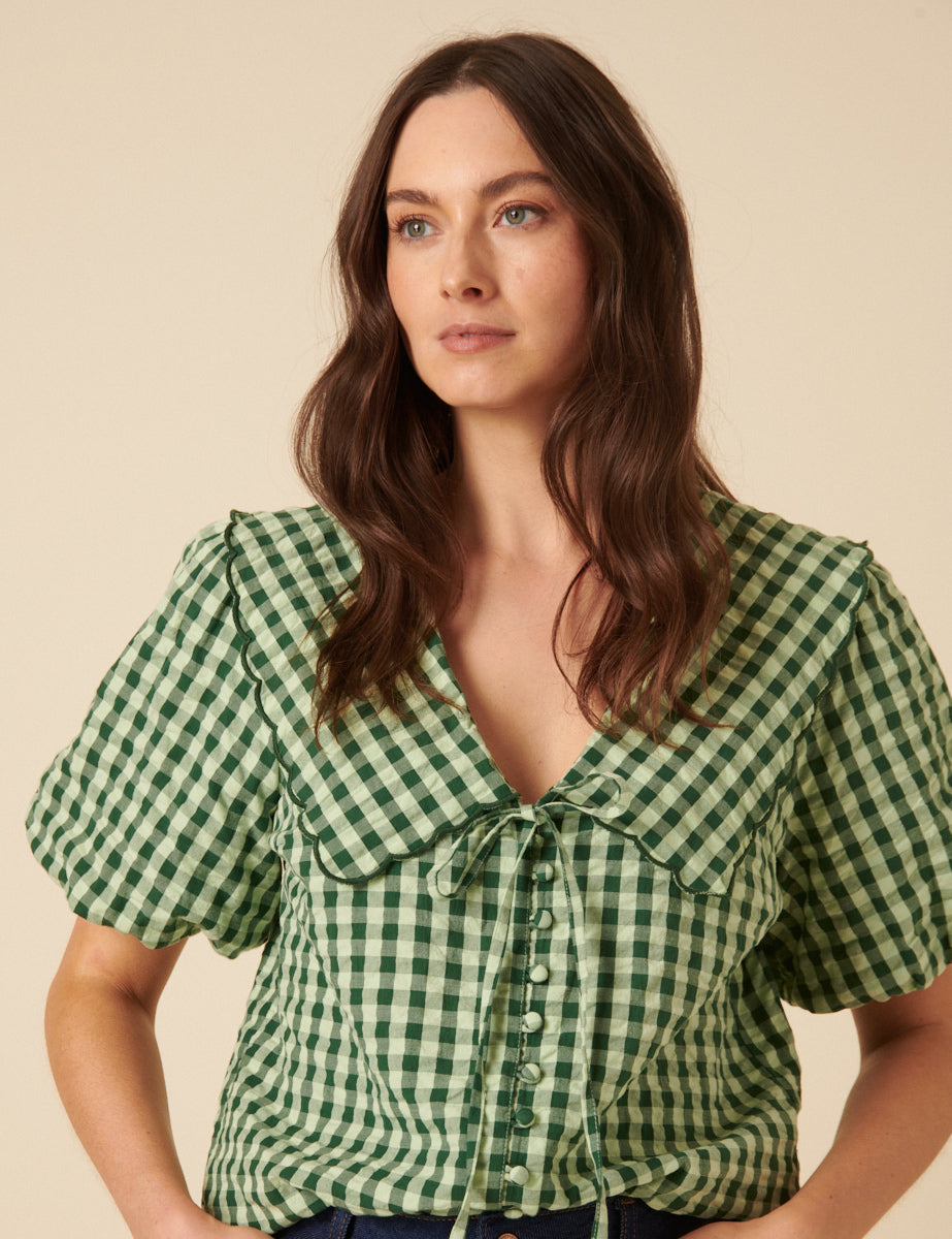 Green Gingham Short Sleeve Birdie Blouse