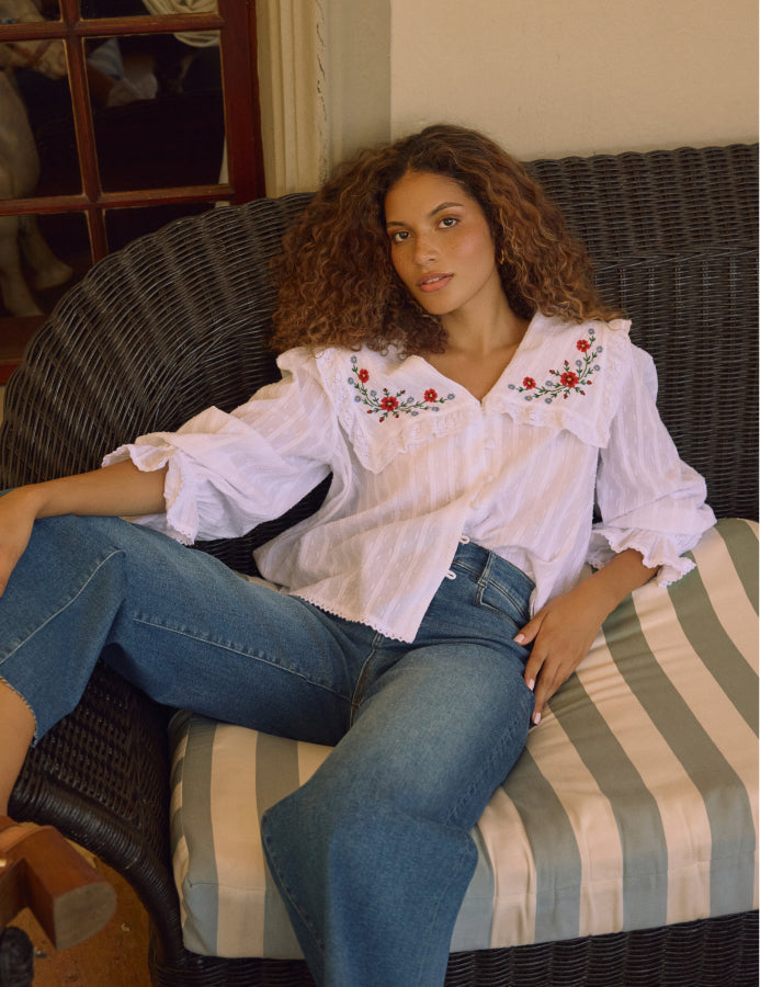 White Floral Embroidered Blouse