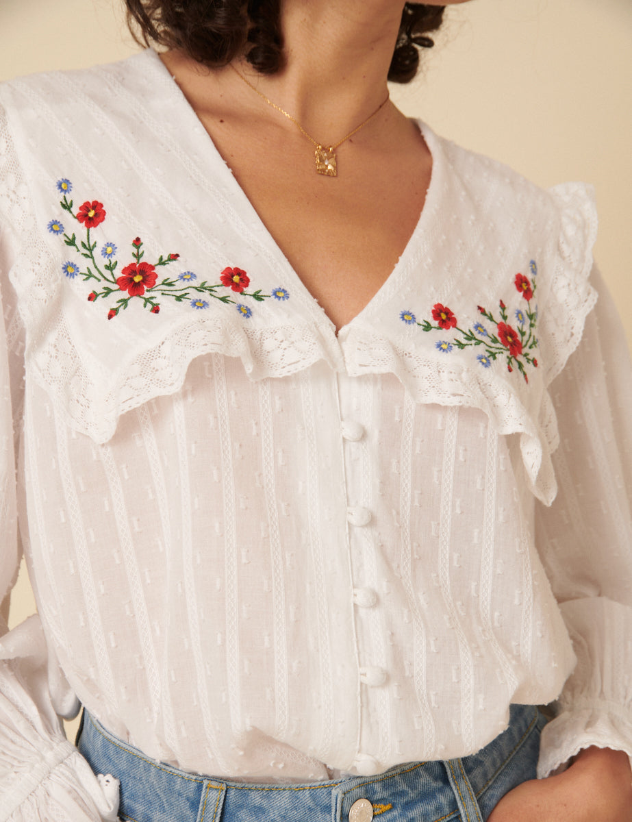 White Floral Embroidered Blouse