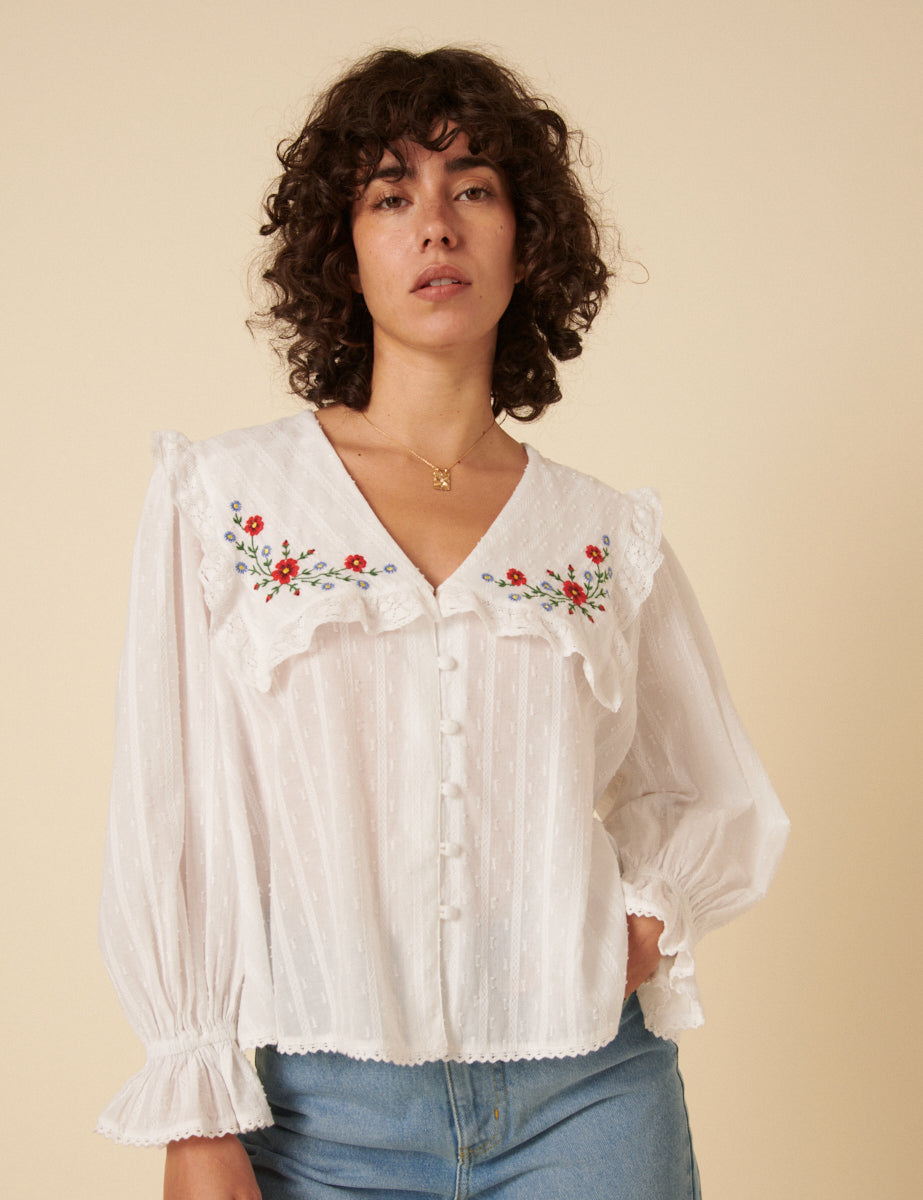 White Floral Embroidered Blouse