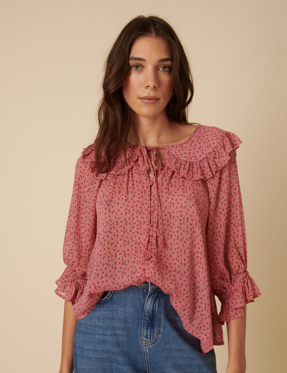 Pink Frill Collar Floral Printed Blouse