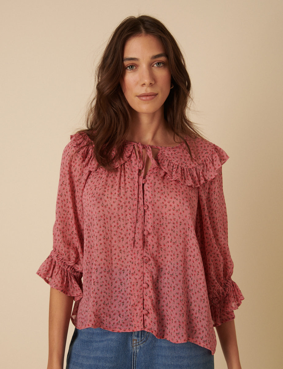 Pink Frill Collar Floral Printed Blouse