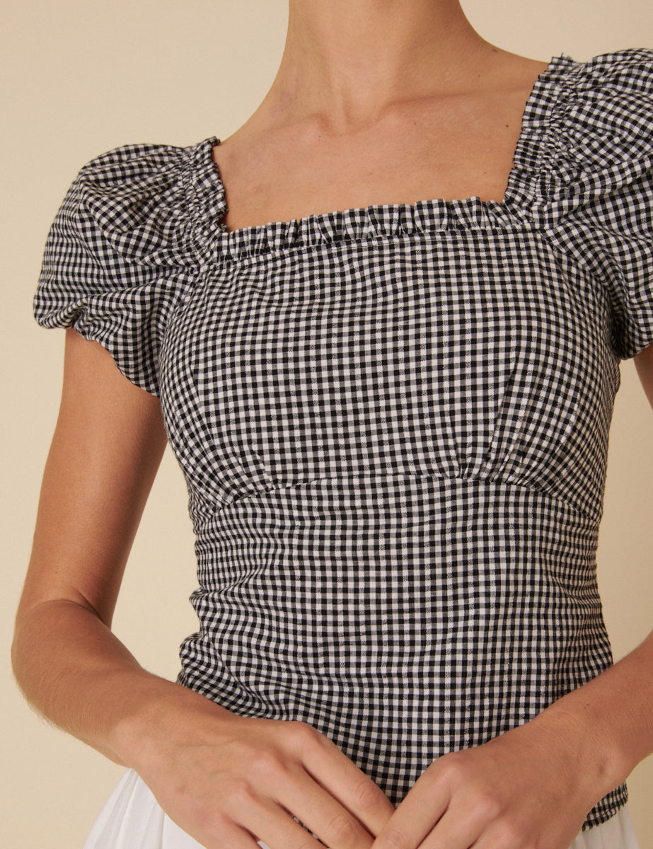 Black Gingham Puff Sleeve Top