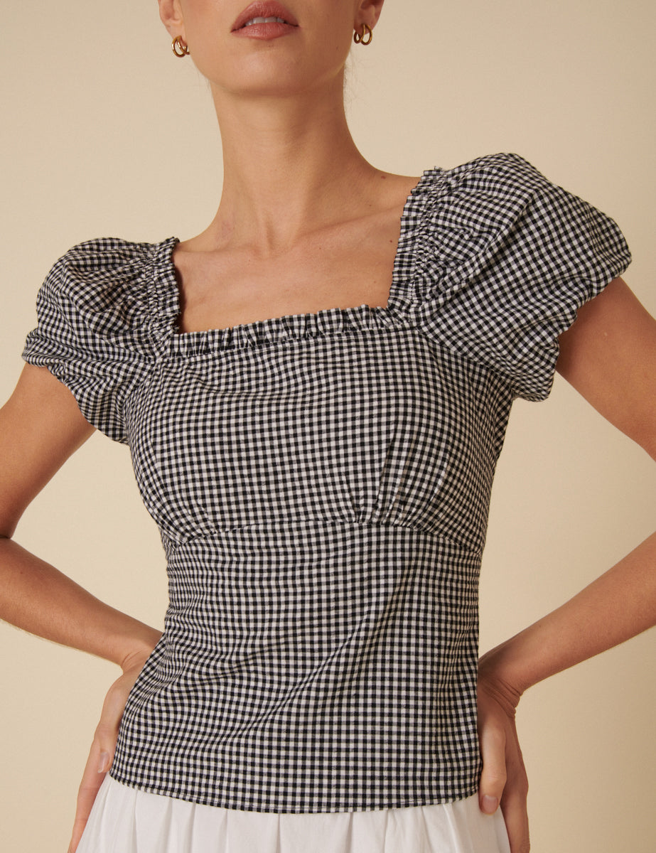 Black Gingham Puff Sleeve Top