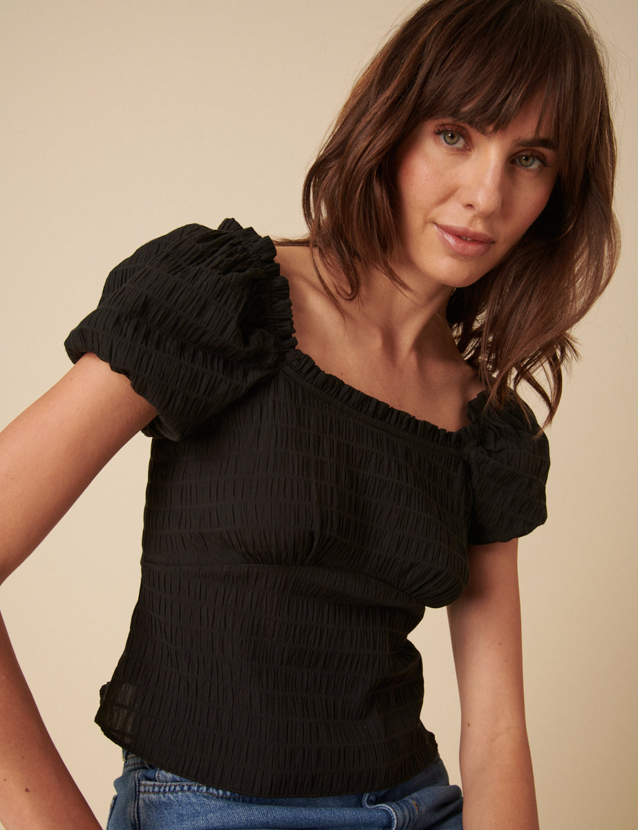 Black Ruched Puff Sleeve Top