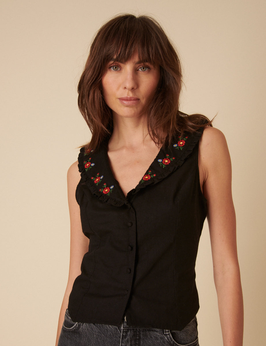 Black Linen-blend Floral Collar Embroidered Top