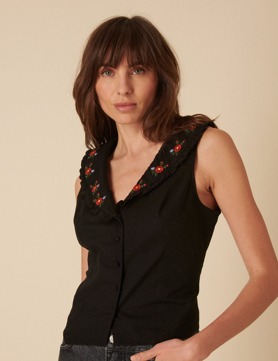 Black Linen-blend Floral Collar Embroidered Top