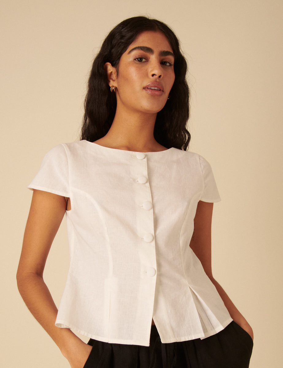 White Linen-blend Tailored Pleated Blouse