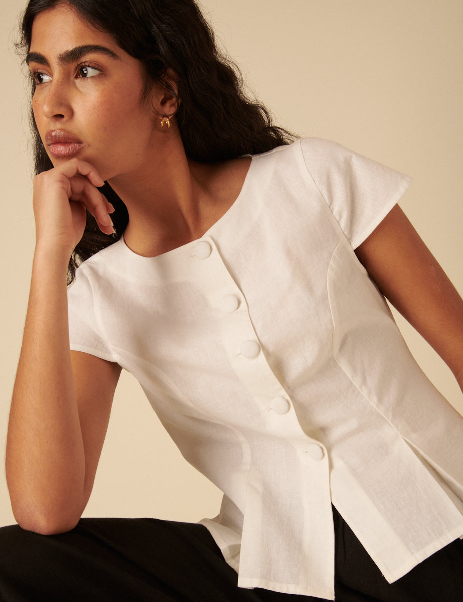 White Linen-blend Tailored Pleated Blouse