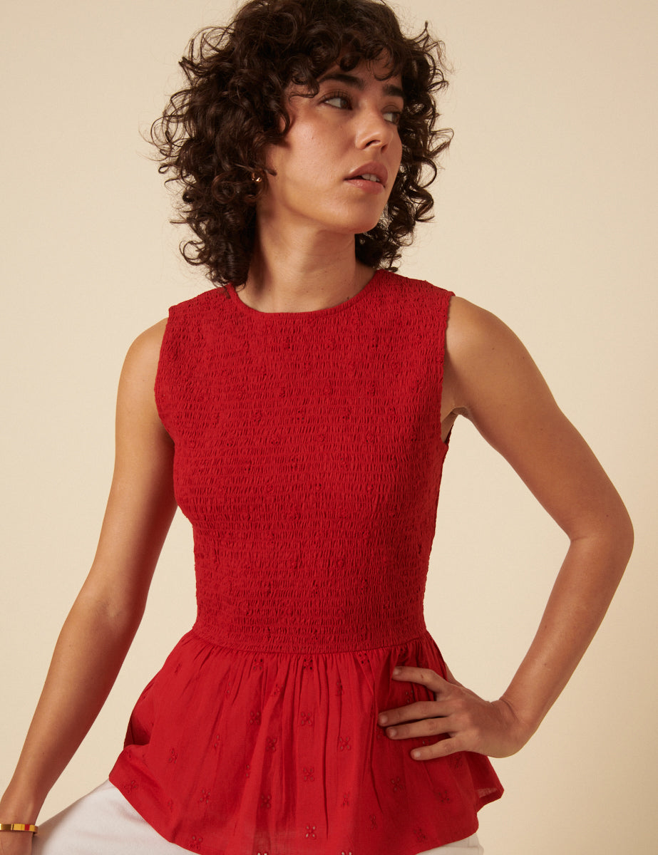 Red Broderie Anglaise Peplum Top