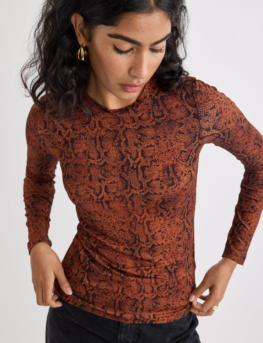 Brown Snake Print Long Sleeve Top